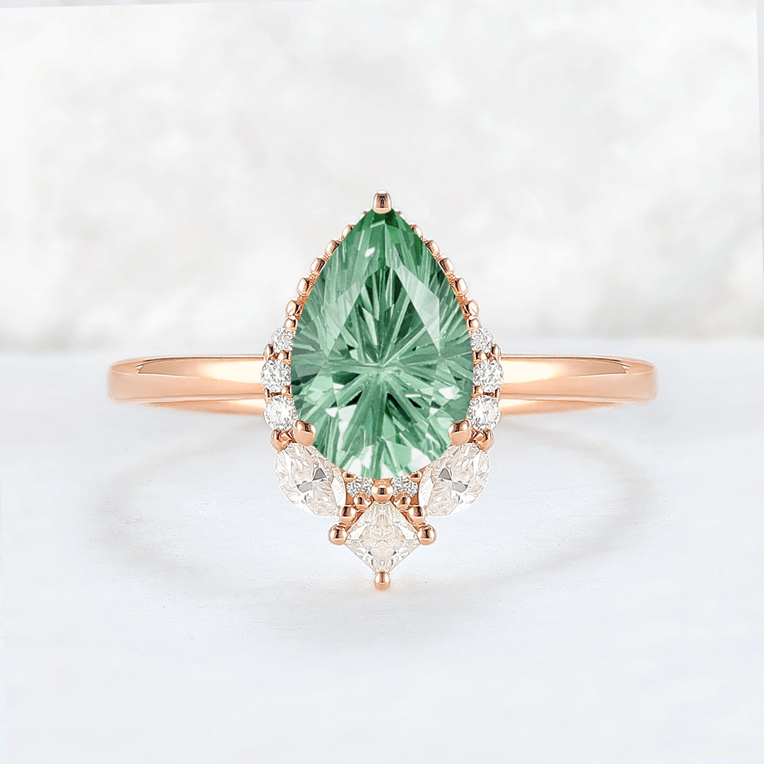 Fire Cut Pear Shaped Lab Green Sapphire Gemstone Ring