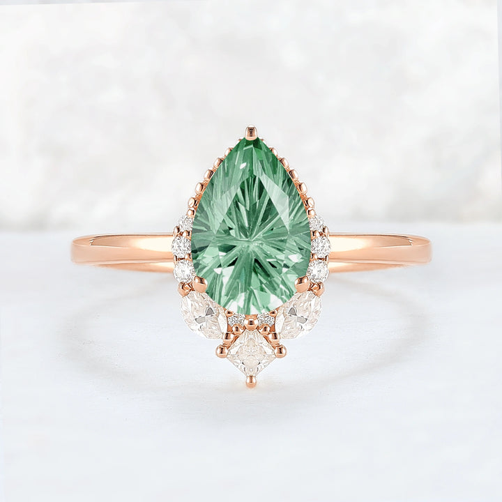 Fire Cut Pear Shaped Lab Green Sapphire Gemstone Ring