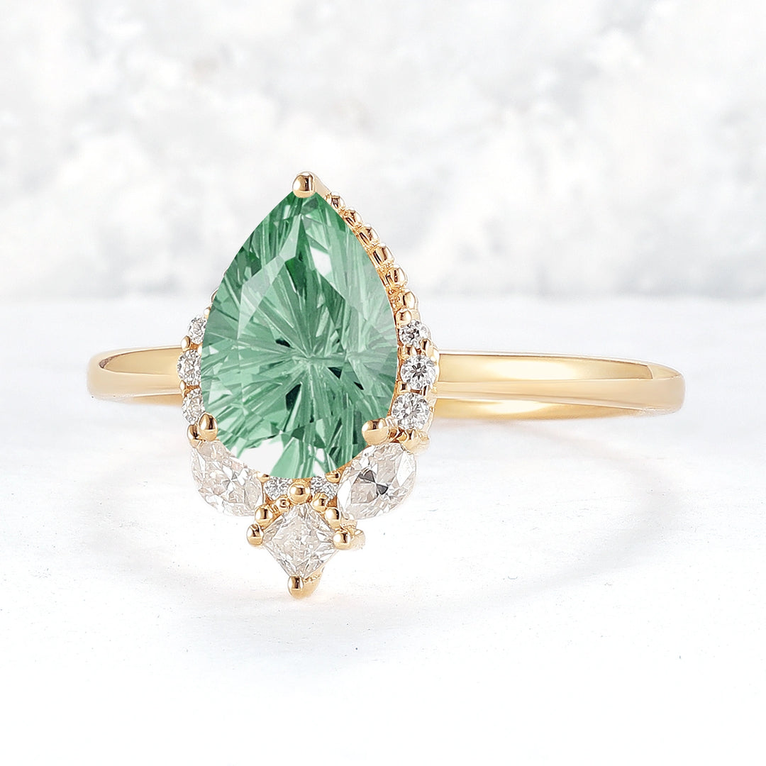 Fire Cut Pear Shaped Lab Green Sapphire Gemstone Ring