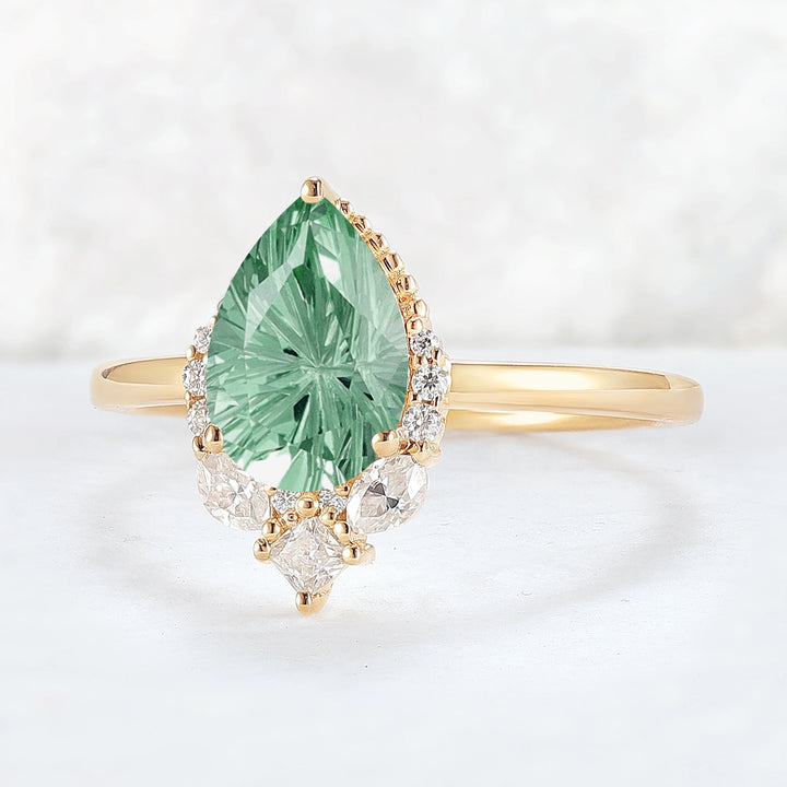 Fire Cut Pear Shaped Lab Green Sapphire Gemstone Ring