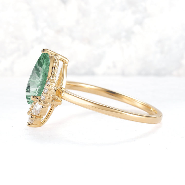 Fire Cut Pear Shaped Lab Green Sapphire Gemstone Ring