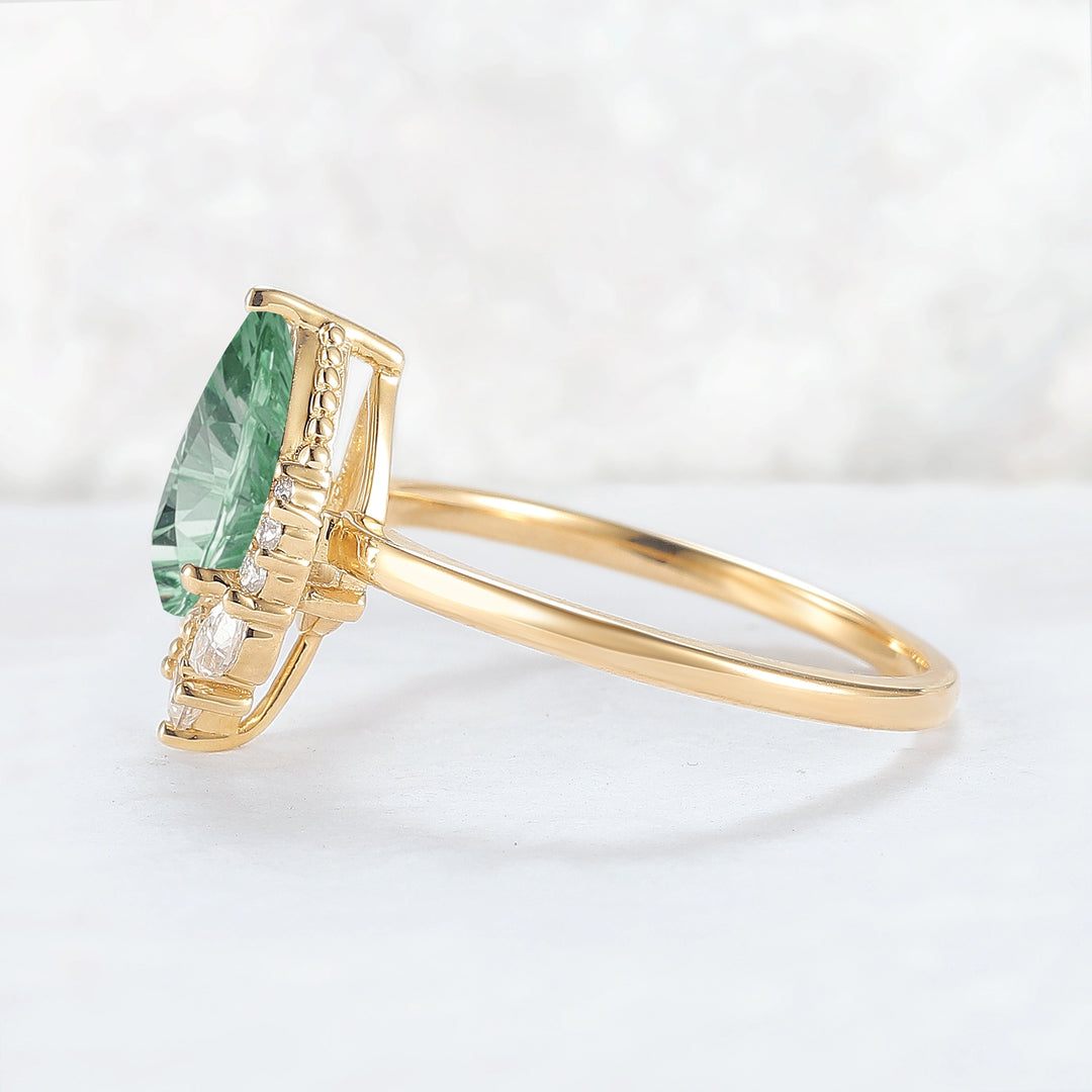 Fire Cut Pear Shaped Lab Green Sapphire Gemstone Ring