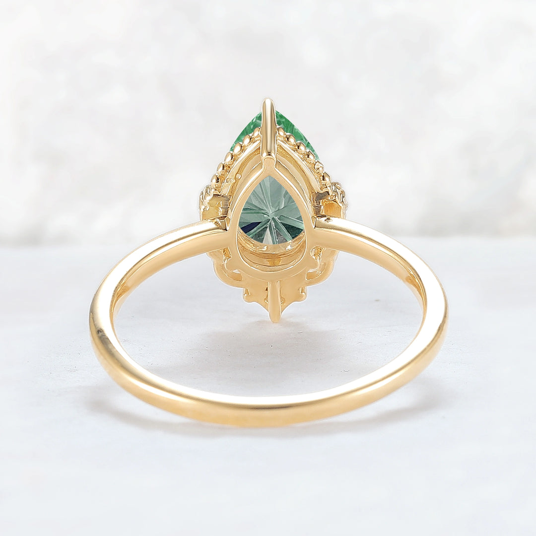 Fire Cut Pear Shaped Lab Green Sapphire Gemstone Ring