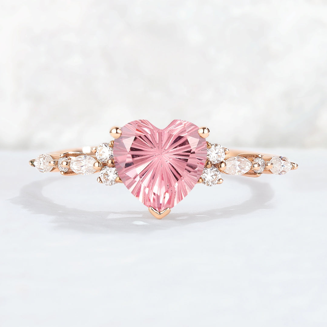 Fire Cut Pink Sapphire and Moissanite Gemstone Ring