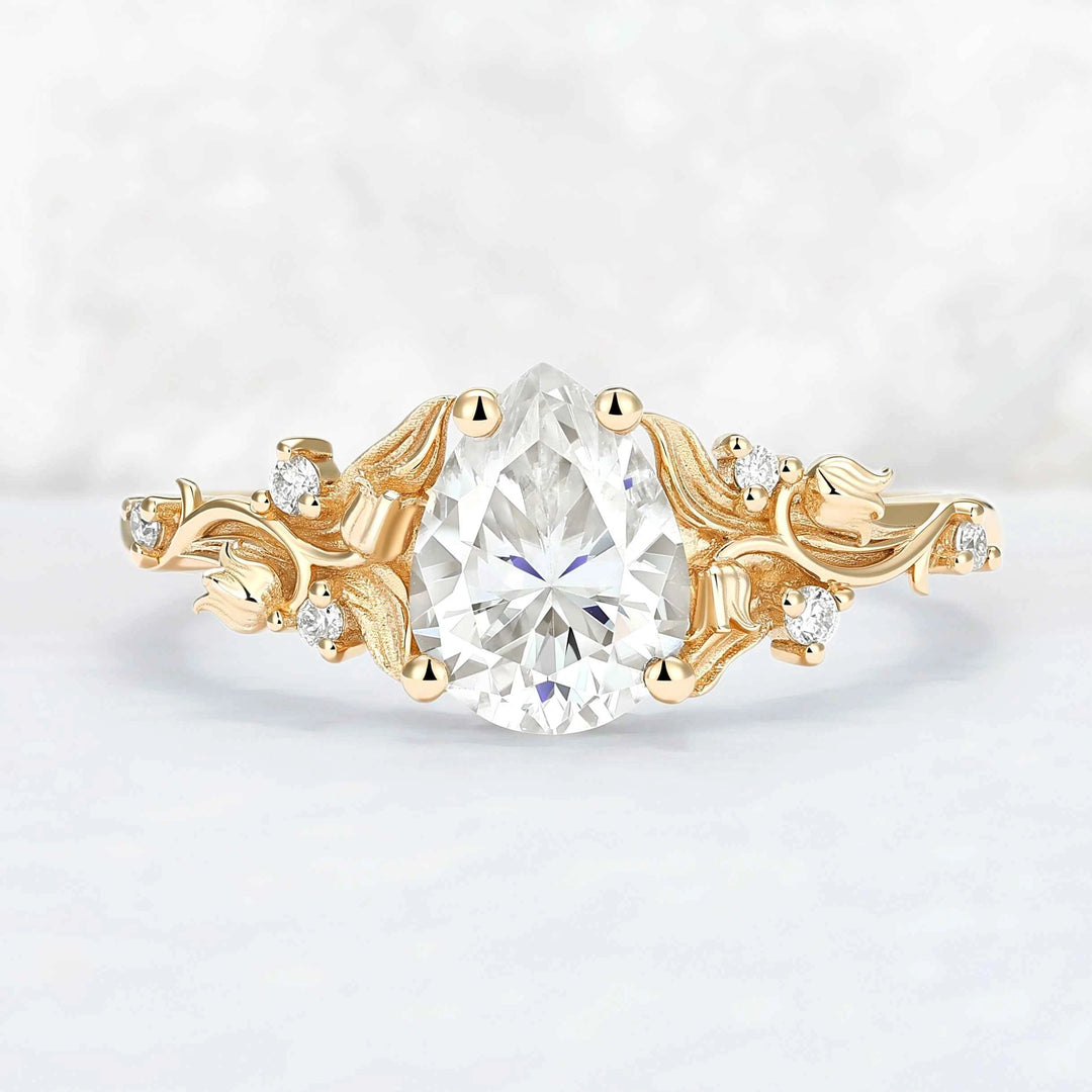 Unique Lily of the Valley Inspired Pear Cut Moissanite Engagement Ring
