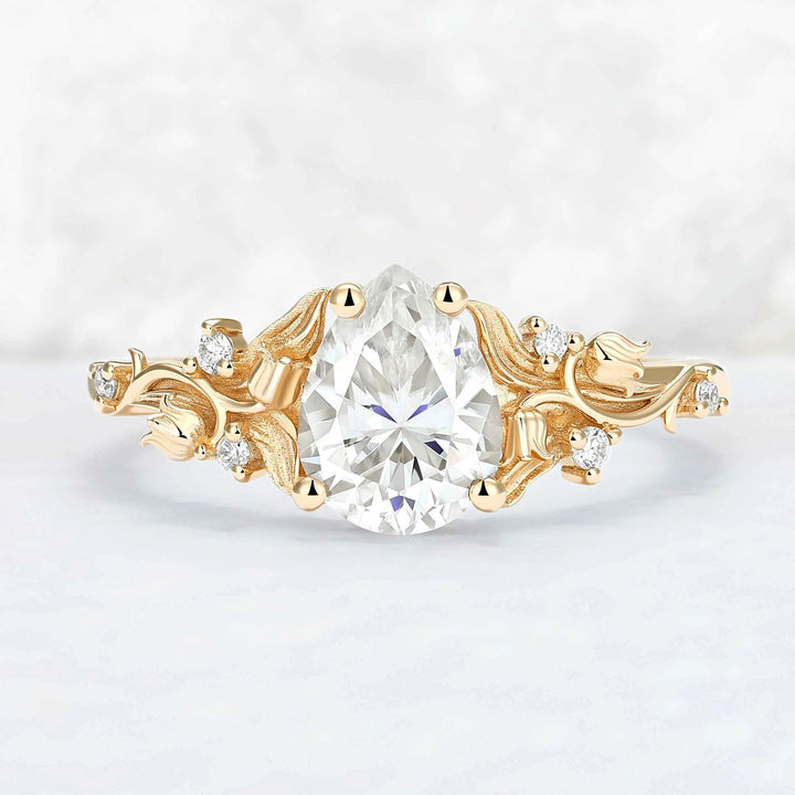 Unique Lily of the Valley Inspired Pear Cut Moissanite Engagement Ring