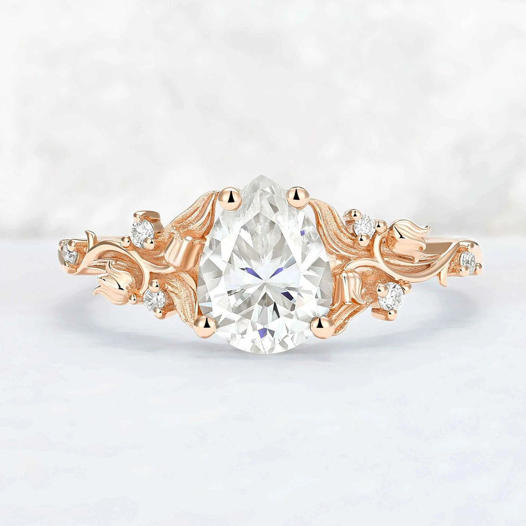 Unique Lily of the Valley Inspired Pear Cut Moissanite Engagement Ring