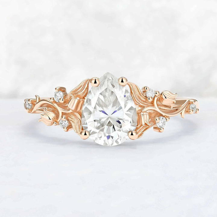 Unique Lily of the Valley Inspired Pear Cut Moissanite Engagement Ring