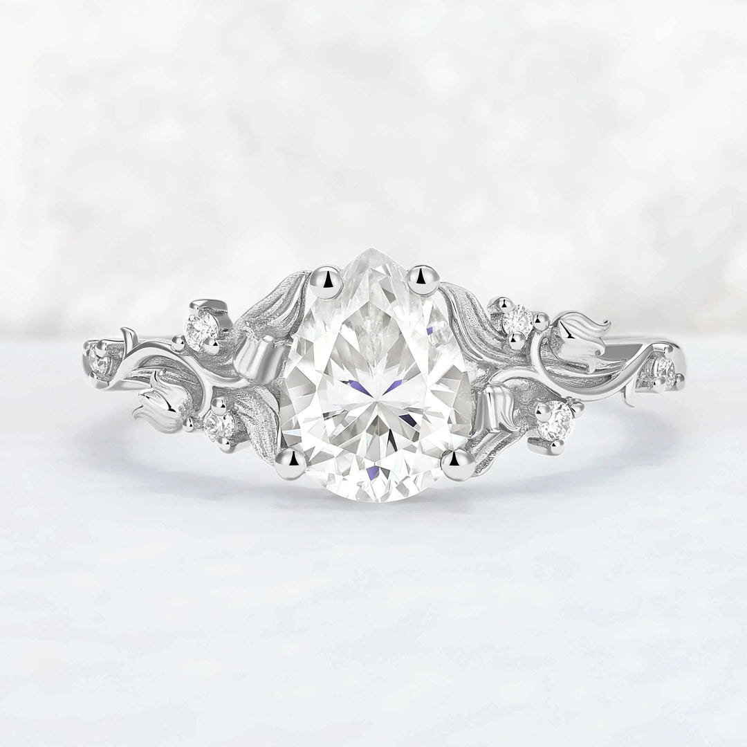 Unique Lily of the Valley Inspired Pear Cut Moissanite Engagement Ring