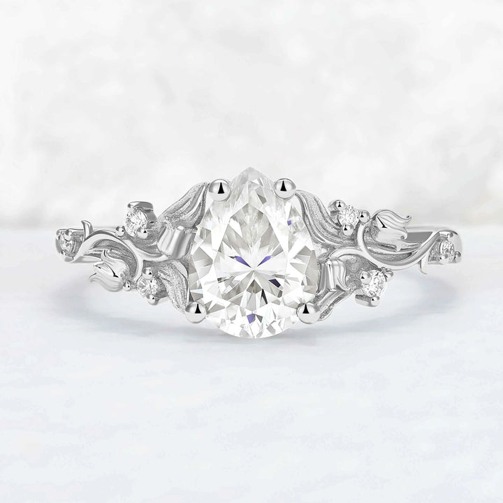 Unique Lily of the Valley Inspired Pear Cut Moissanite Engagement Ring