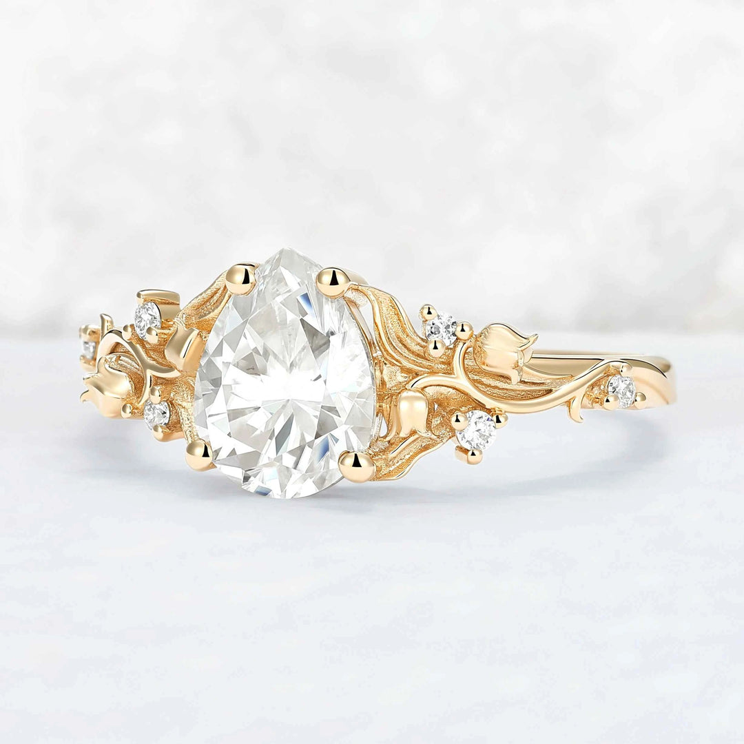 Unique Lily of the Valley Inspired Pear Cut Moissanite Engagement Ring