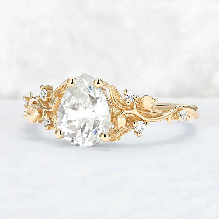 Unique Lily of the Valley Inspired Pear Cut Moissanite Engagement Ring