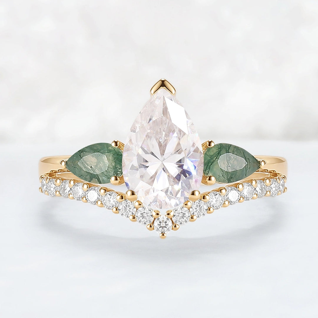 Forest Crown Pear Shaped Moissanite Chevron V Band Gemstone Ring