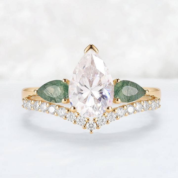 Forest Crown Pear Shaped Moissanite Chevron V Band Gemstone Ring