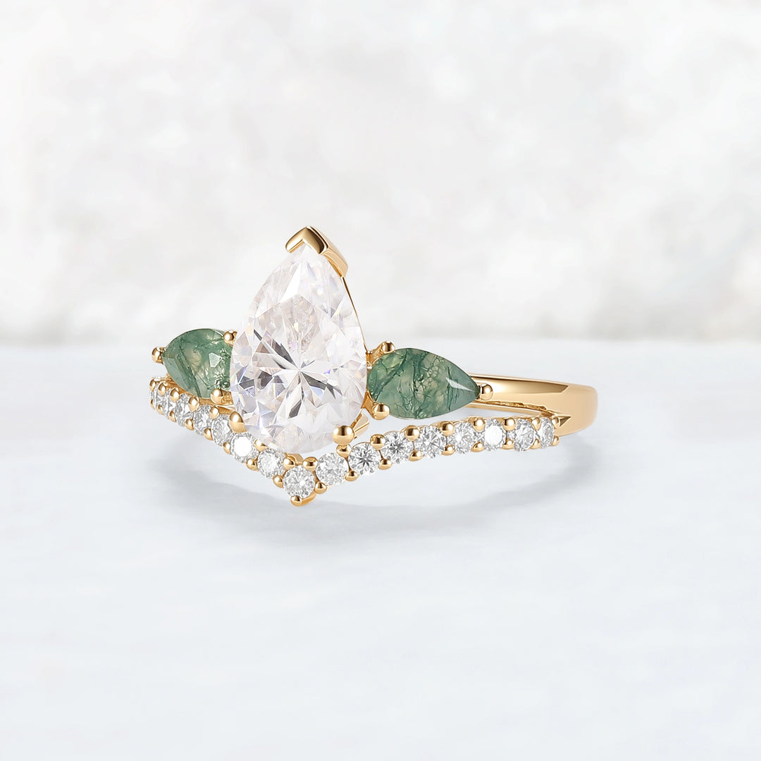 Forest Crown Pear Shaped Moissanite Chevron V Band Gemstone Ring