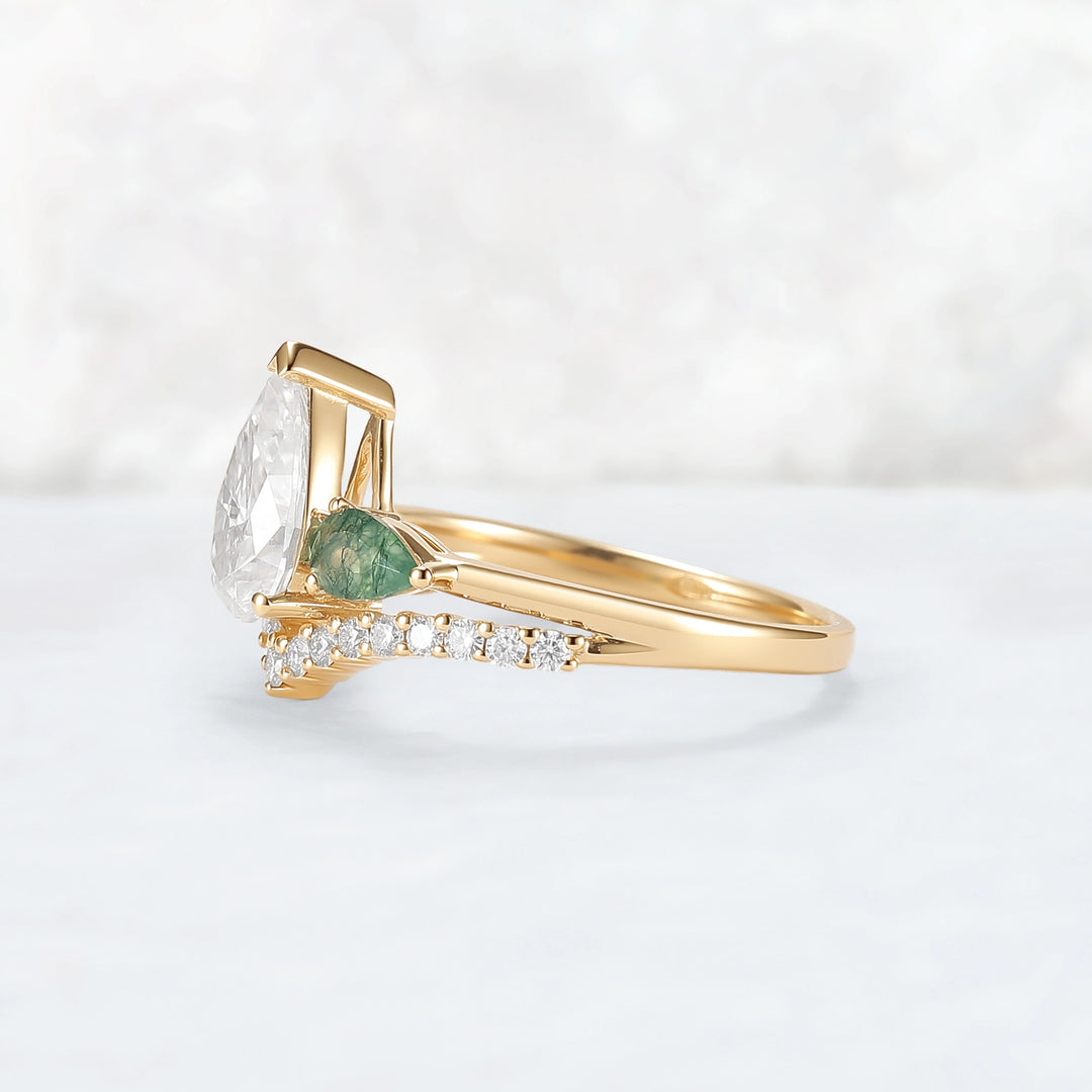 Forest Crown Pear Shaped Moissanite Chevron V Band Gemstone Ring