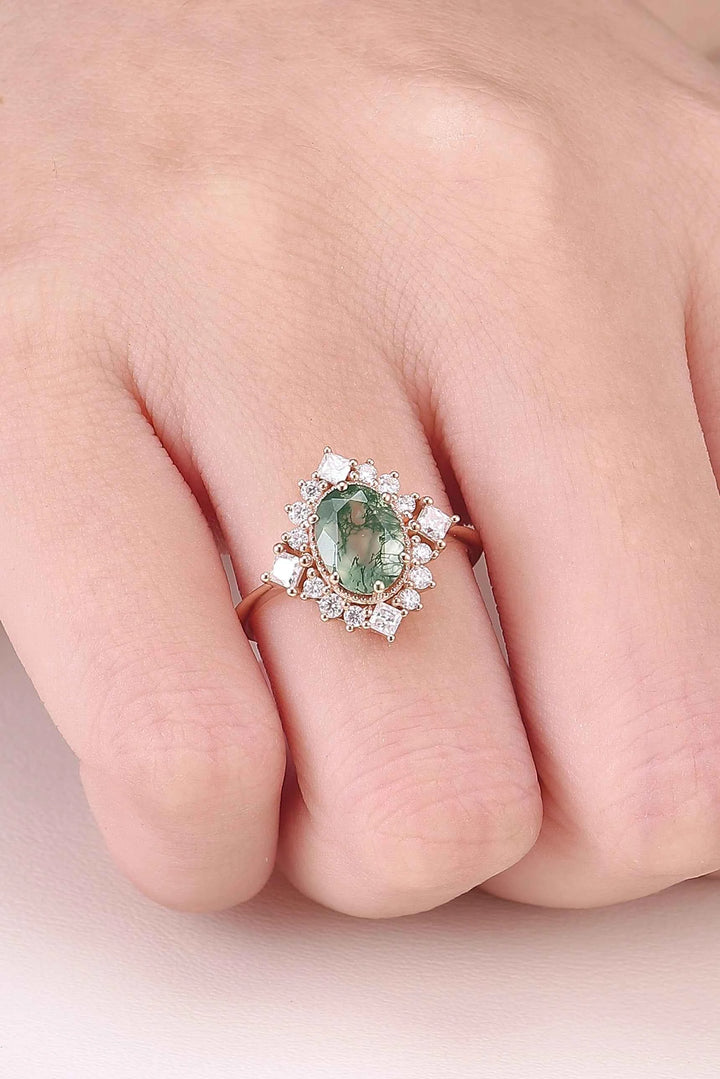 Halo Ring Oval Shape Moss Agate with Moissanite  Gemstone Ring
