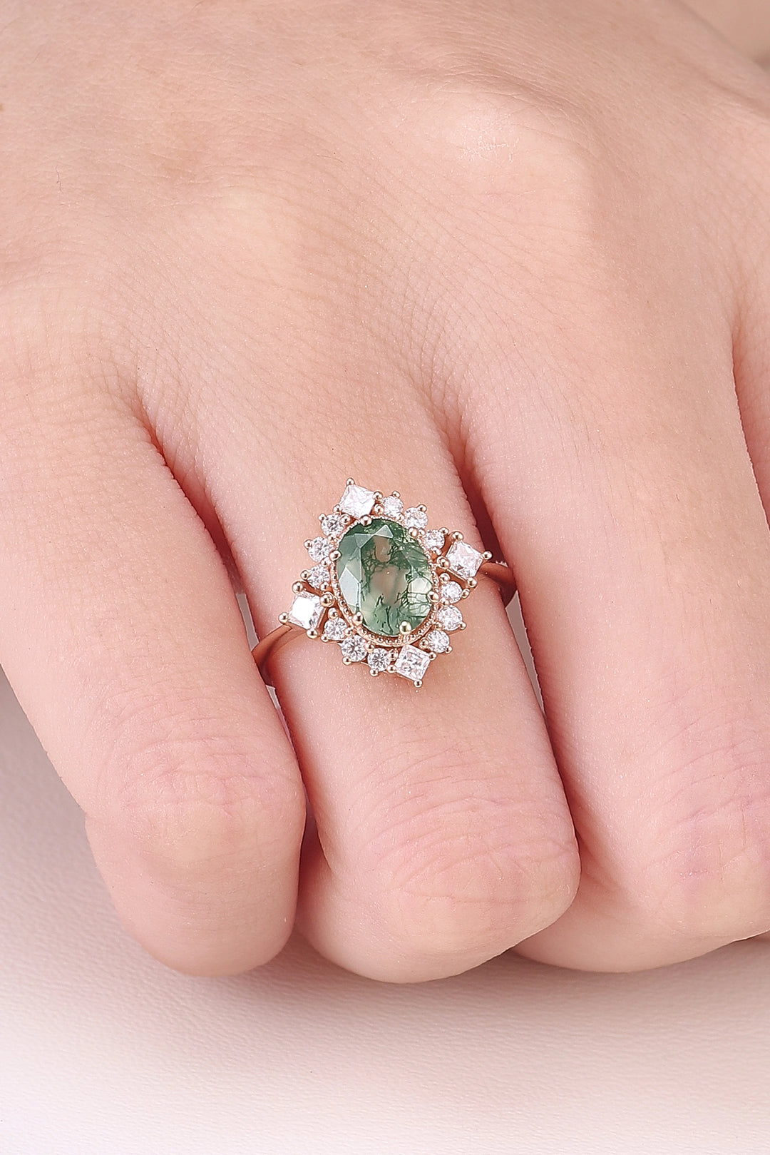 Halo Ring Oval Shape Moss Agate with Moissanite  Gemstone Ring