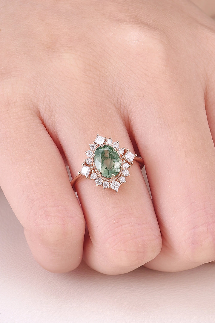 Halo Ring Oval Shape Moss Agate with Moissanite  Gemstone Ring