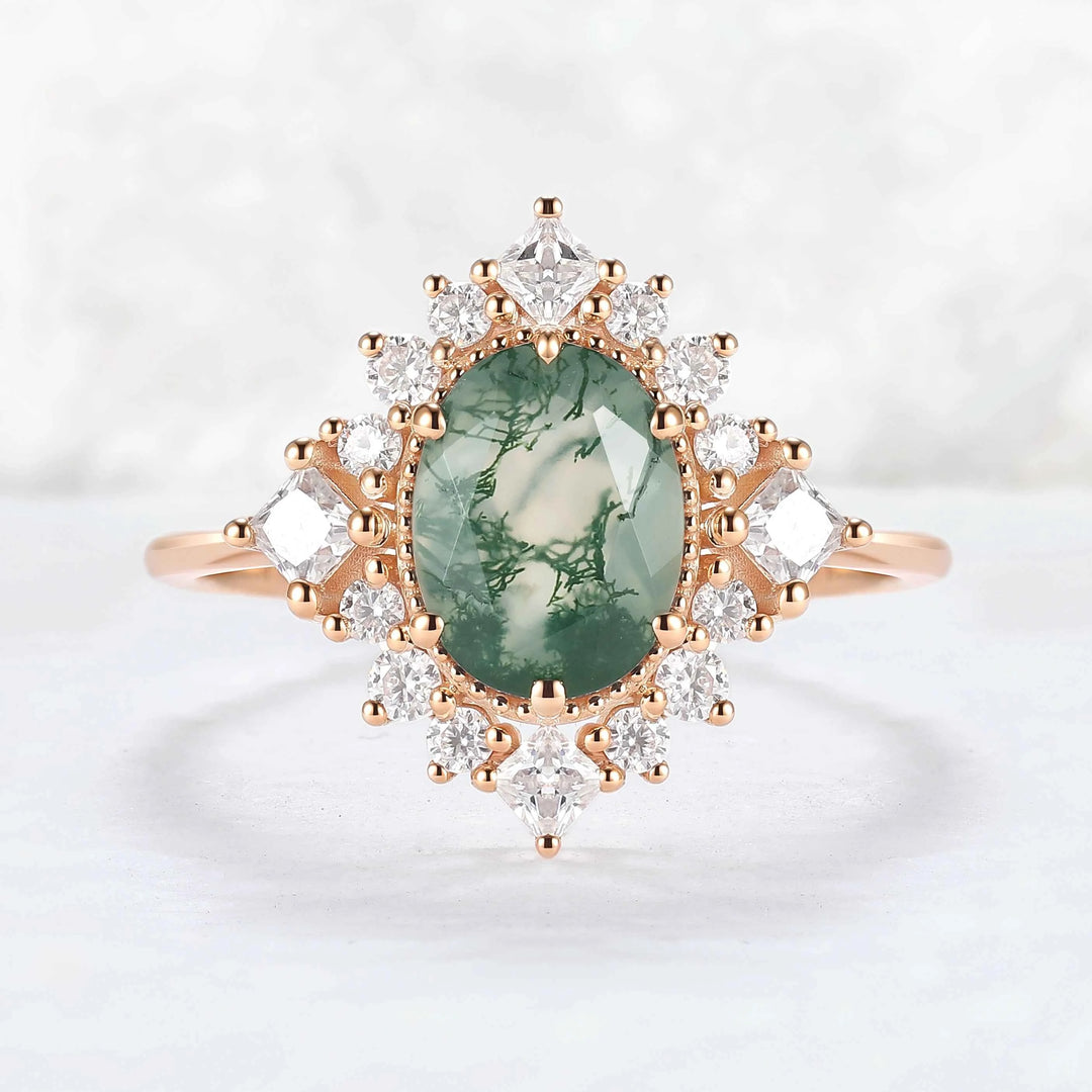 Halo Ring Oval Shape Moss Agate with Moissanite  Gemstone Ring