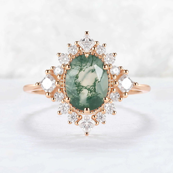 Halo Ring Oval Shape Moss Agate with Moissanite  Gemstone Ring