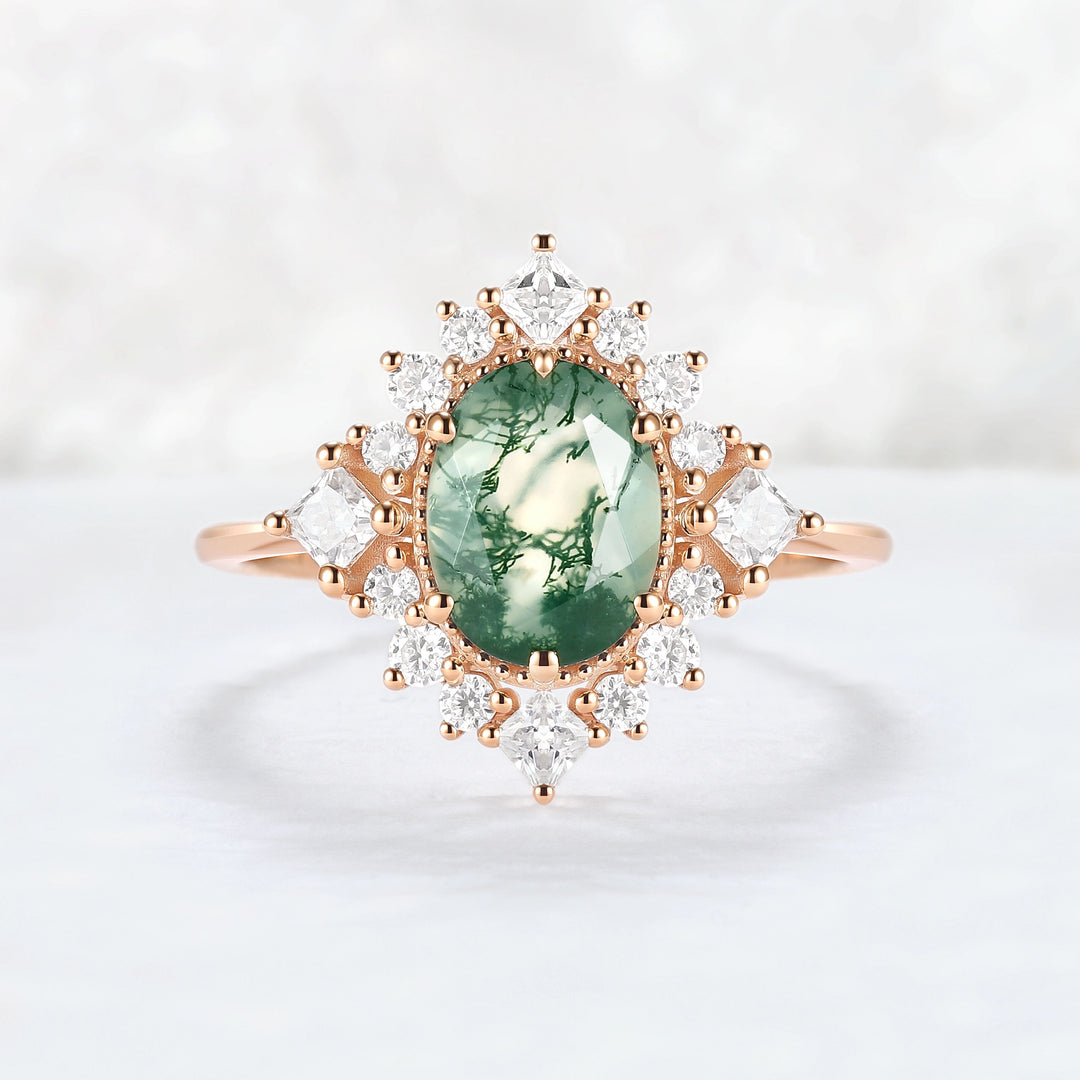 Halo Ring Oval Shape Moss Agate with Moissanite  Gemstone Ring