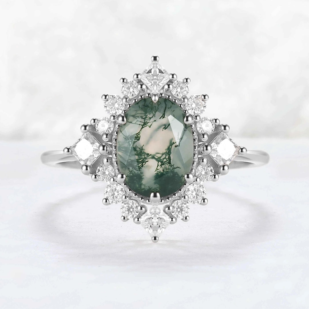 Halo Ring Oval Shape Moss Agate with Moissanite  Gemstone Ring