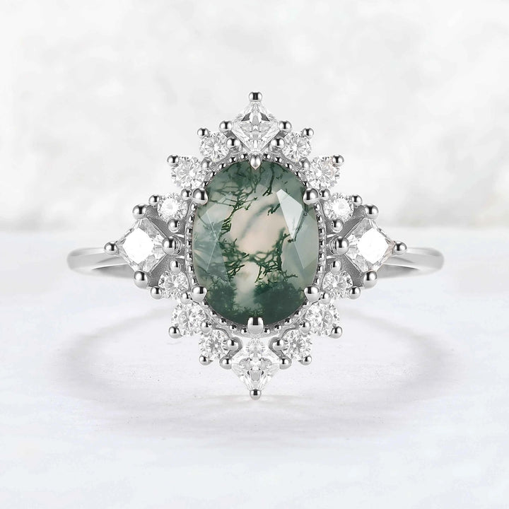 Halo Ring Oval Shape Moss Agate with Moissanite  Gemstone Ring