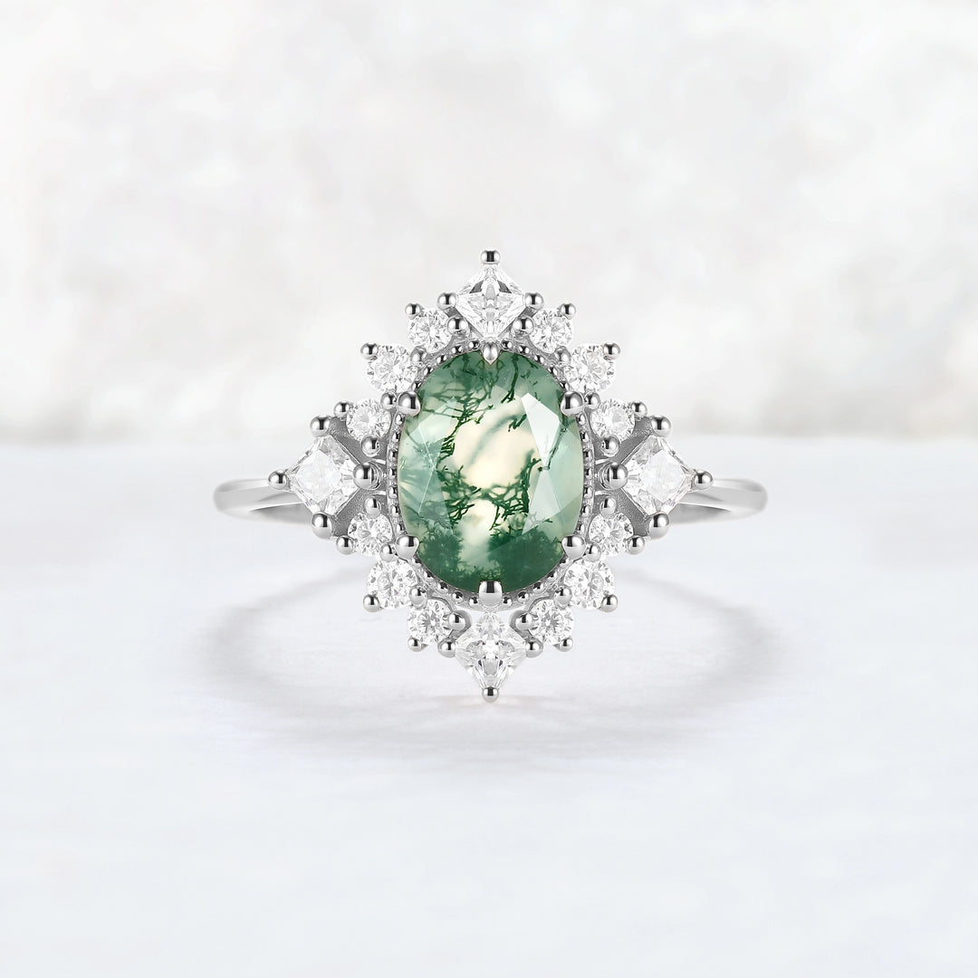 Halo Ring Oval Shape Moss Agate with Moissanite  Gemstone Ring
