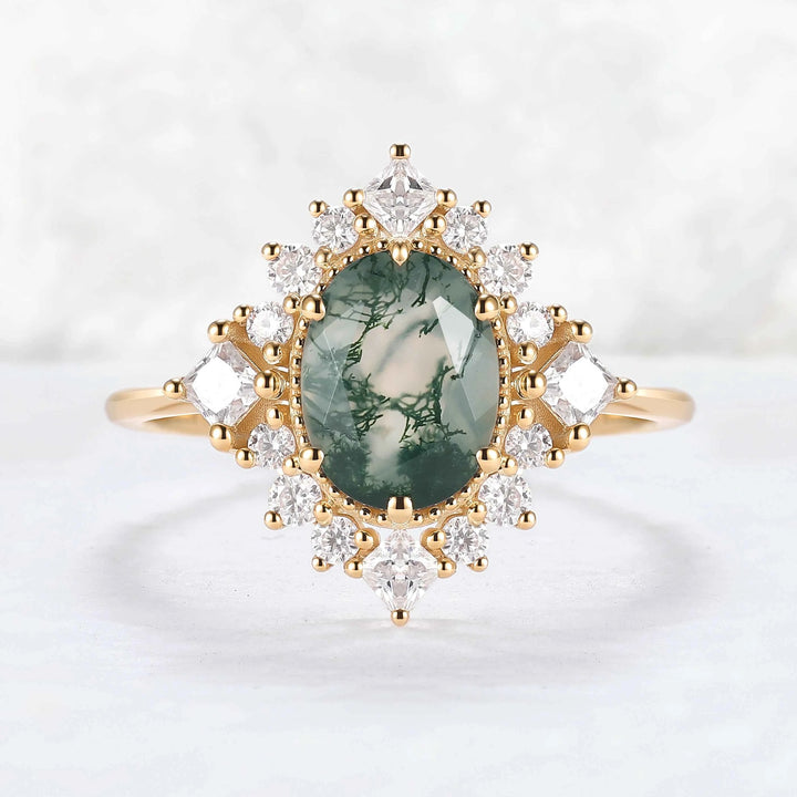 Halo Ring Oval Shape Moss Agate with Moissanite  Gemstone Ring