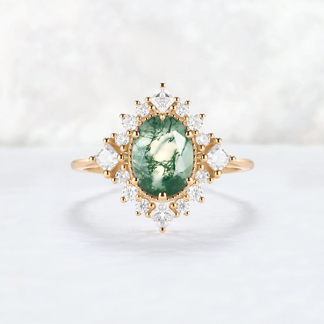 Halo Ring Oval Shape Moss Agate with Moissanite  Gemstone Ring