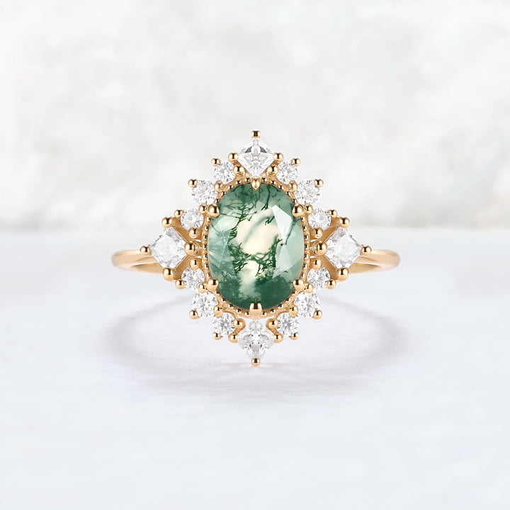 Halo Ring Oval Shape Moss Agate with Moissanite  Gemstone Ring