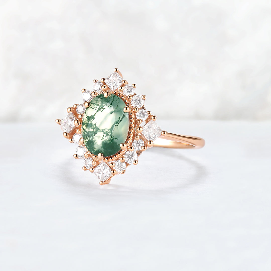 Halo Ring Oval Shape Moss Agate with Moissanite  Gemstone Ring