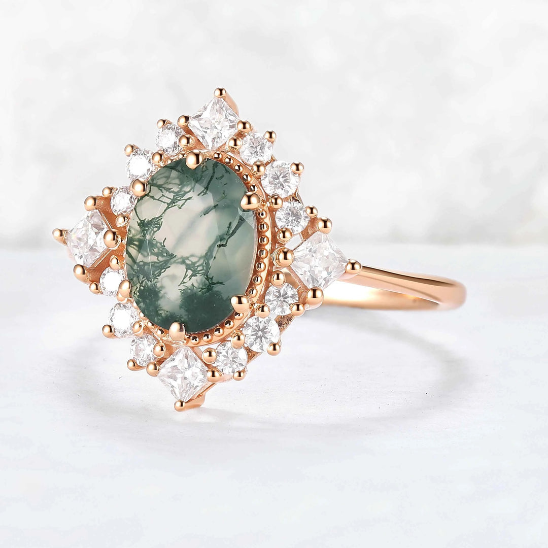 Halo Ring Oval Shape Moss Agate with Moissanite  Gemstone Ring