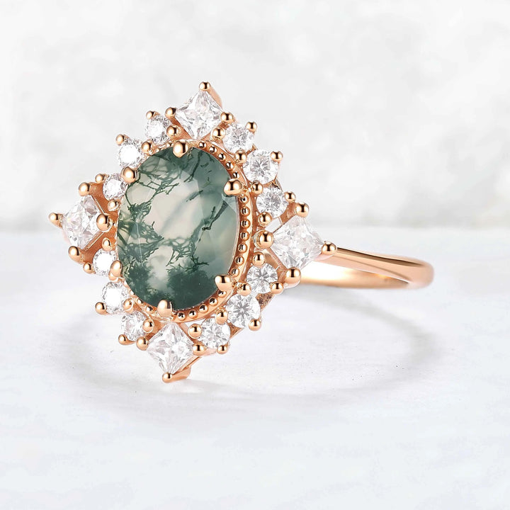 Halo Ring Oval Shape Moss Agate with Moissanite  Gemstone Ring