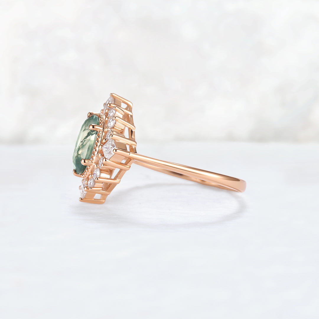 Halo Ring Oval Shape Moss Agate with Moissanite  Gemstone Ring