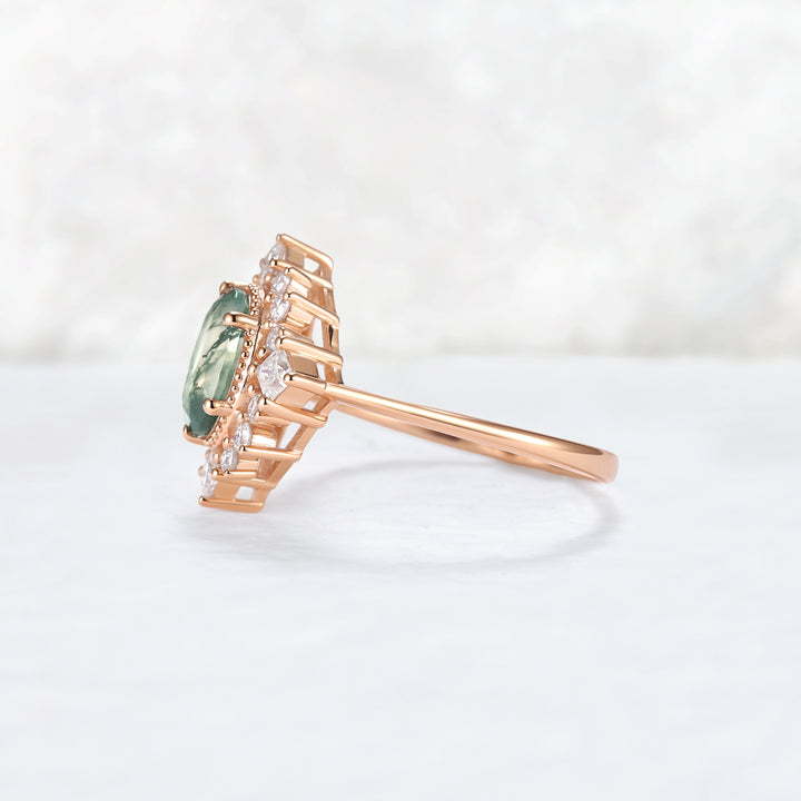 Halo Ring Oval Shape Moss Agate with Moissanite  Gemstone Ring