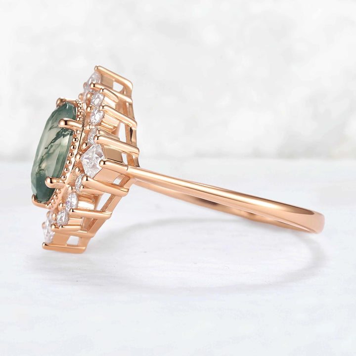 Halo Ring Oval Shape Moss Agate with Moissanite  Gemstone Ring