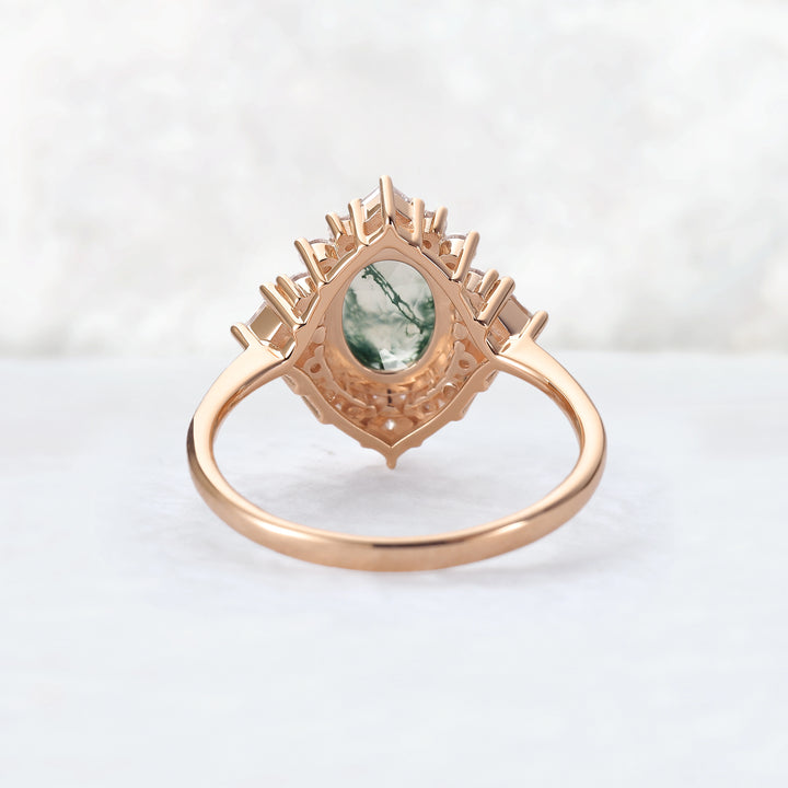 Halo Ring Oval Shape Moss Agate with Moissanite  Gemstone Ring