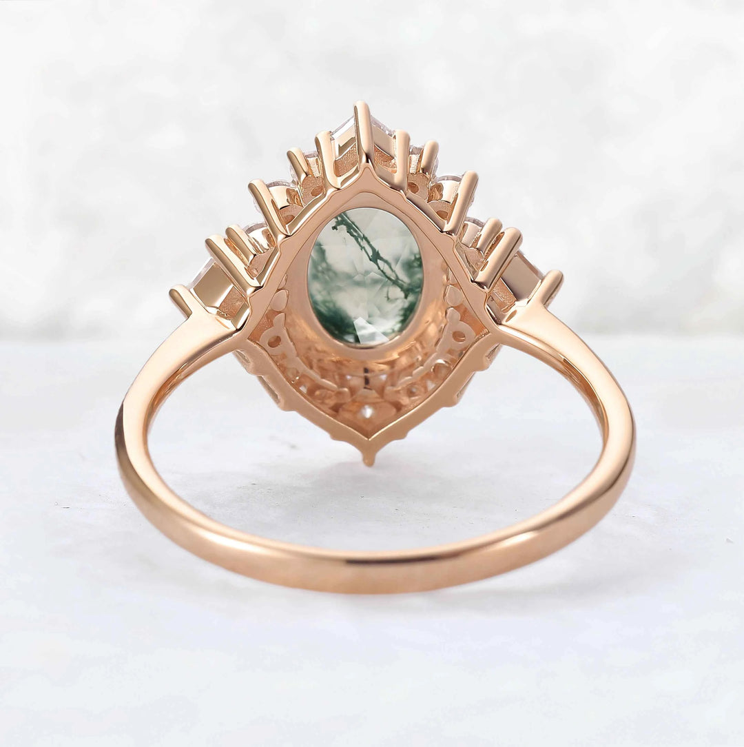 Halo Ring Oval Shape Moss Agate with Moissanite  Gemstone Ring