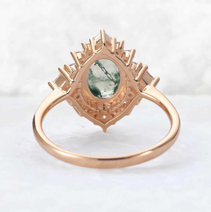 Halo Ring Oval Shape Moss Agate with Moissanite  Gemstone Ring