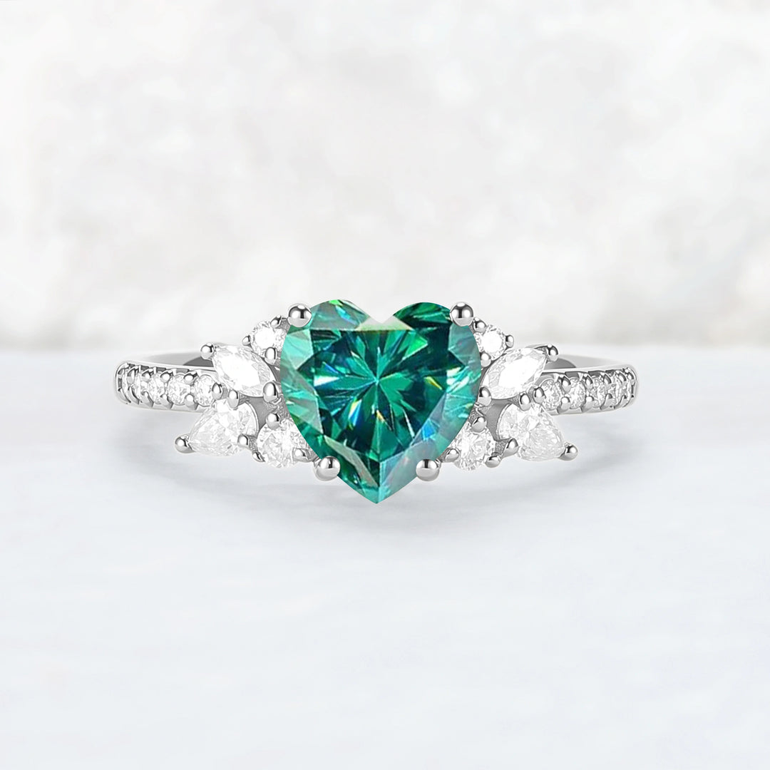 Heart-Cut Green Moissanite Cluster Engagement Ring
