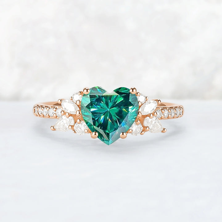 Heart-Cut Green Moissanite Cluster Engagement Ring