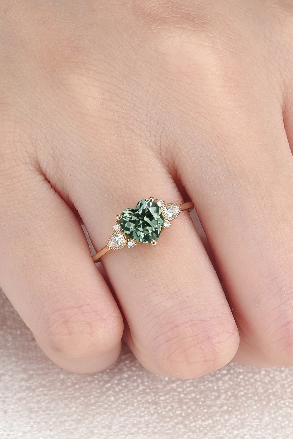 Heart-Cut Green Sapphire Cluster Engagement Ring