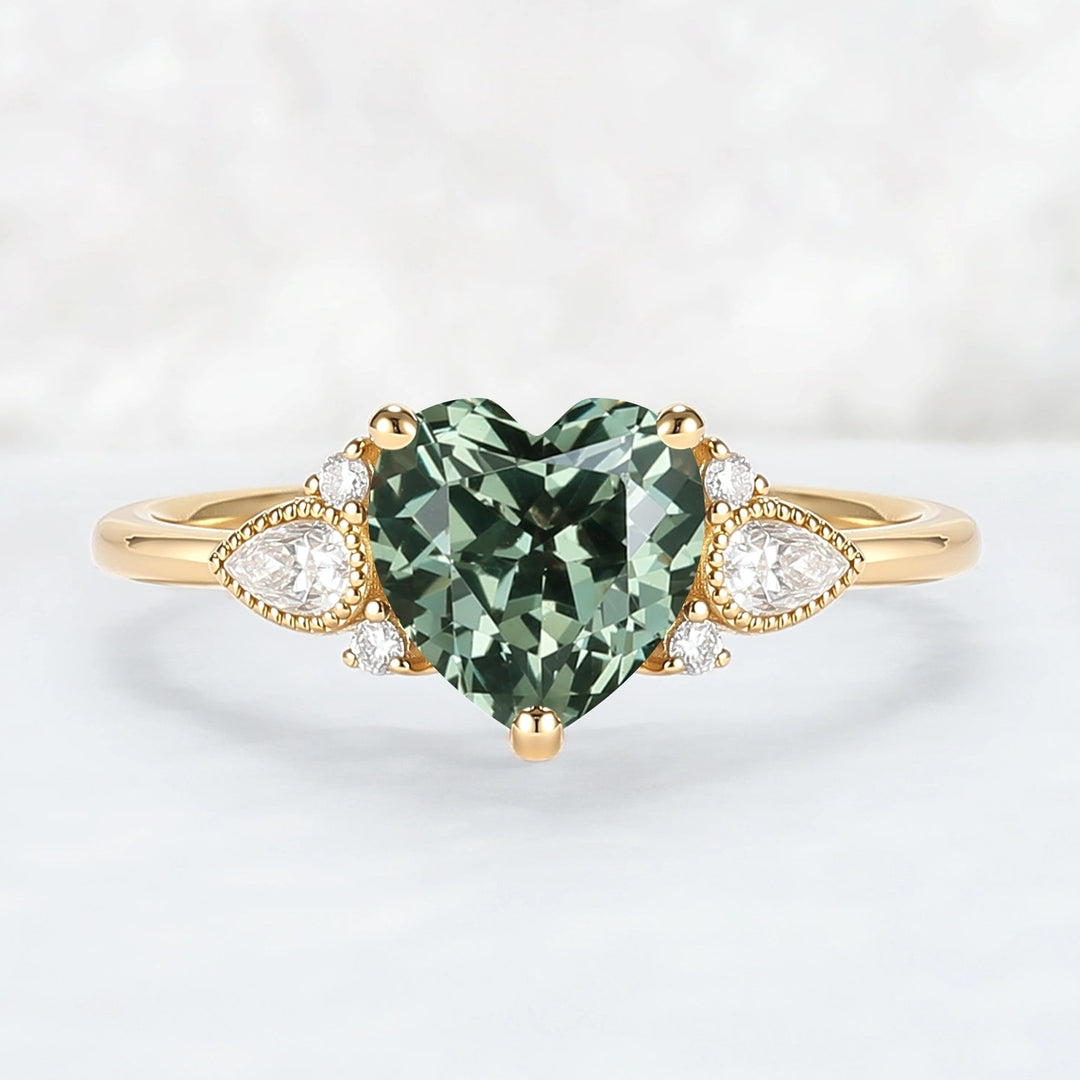 Heart-Cut Green Sapphire Cluster Engagement Ring