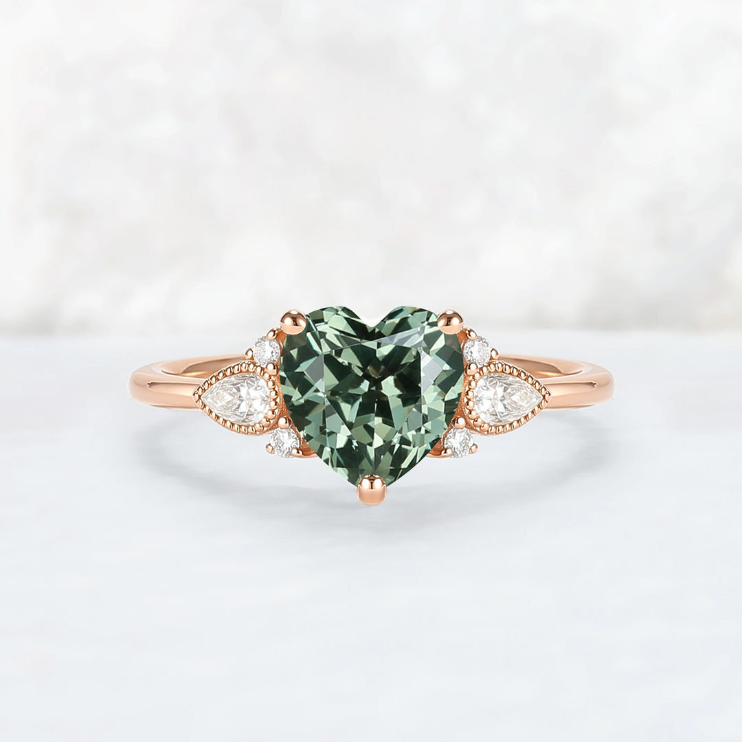 Heart-Cut Green Sapphire Cluster Engagement Ring