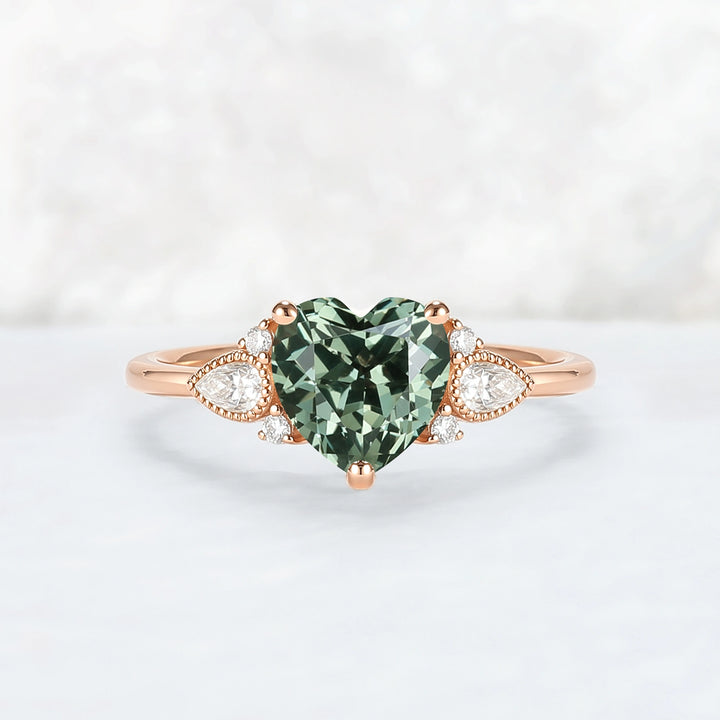 Heart-Cut Green Sapphire Cluster Engagement Ring