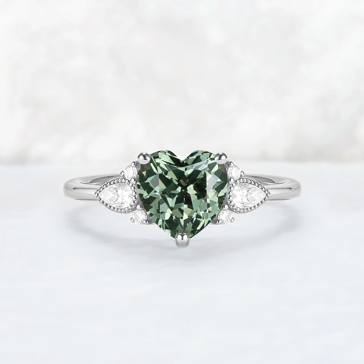 Heart-Cut Green Sapphire Cluster Engagement Ring