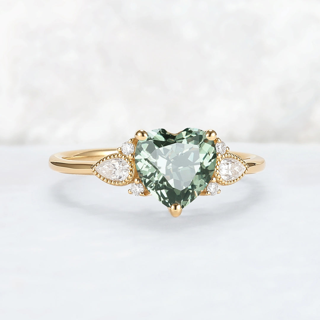 Heart-Cut Green Sapphire Cluster Engagement Ring