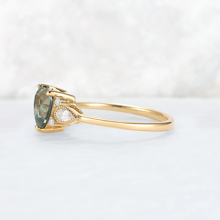 Heart-Cut Green Sapphire Cluster Engagement Ring